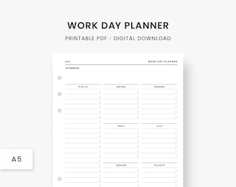 A5 Inserts : Work Day Planner Imprimable, Modèle d’organisateur quotidien pour le travail, Plan de productivité, Liste minimaliste des tâches, Téléchargement instantané PDF
