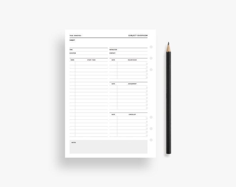 A5 Inserts Semester Planner, Student Planner Printable, Subject Overview, College, University