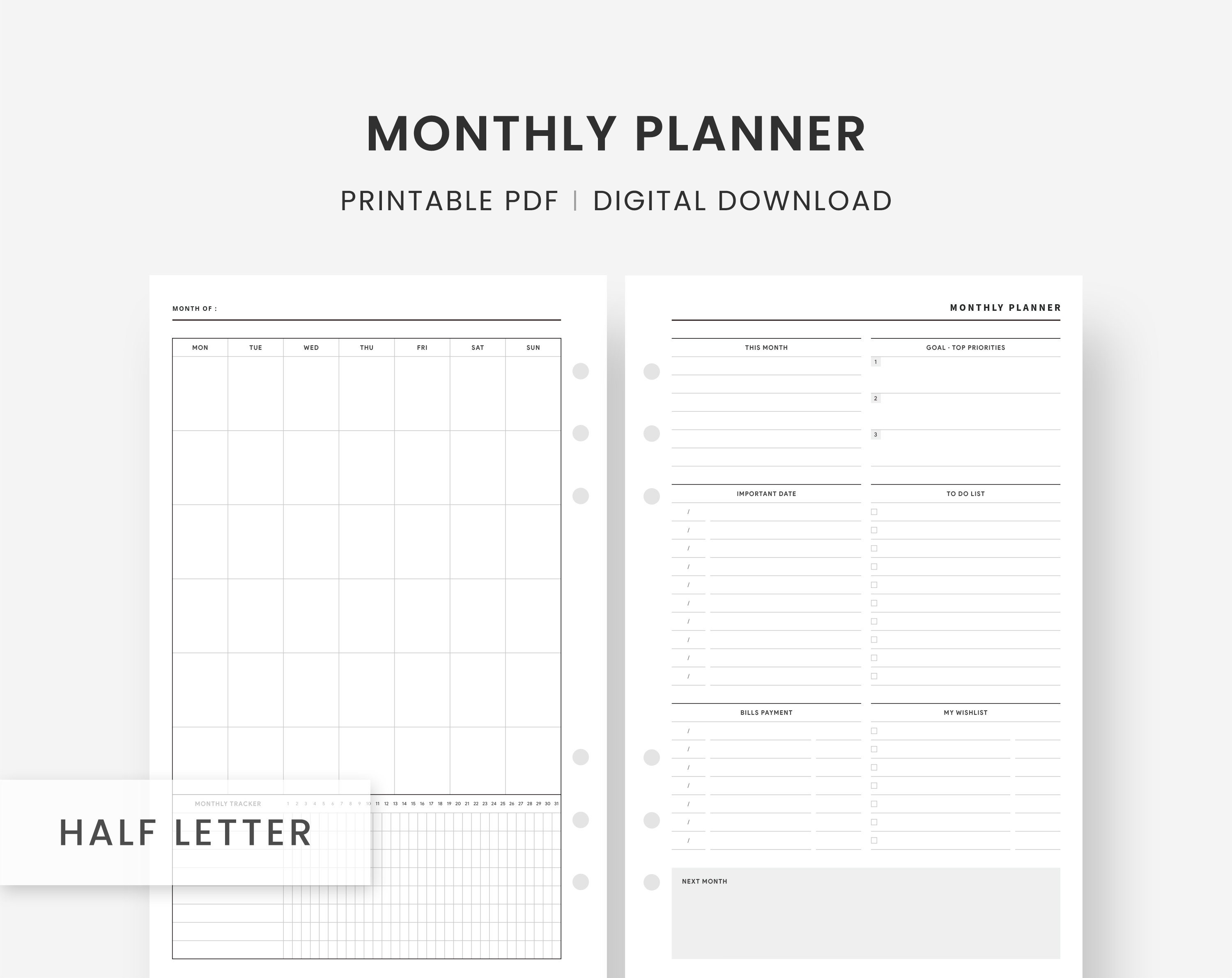 Monthly calendar printable monthly planner monthly tracker month at