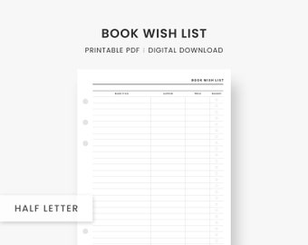 Book Tracker Printable, Book Wish List for Purchase, Books to Read, Book Reading List for a Reader, Half Letter Inserts, Instant Download