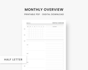 Monthly Overview, Monthly Planner Printable, Month at a Glance, Monthly To Do List, Monthly Calendar, Weekly Agenda, Half Letter Insert, PDF