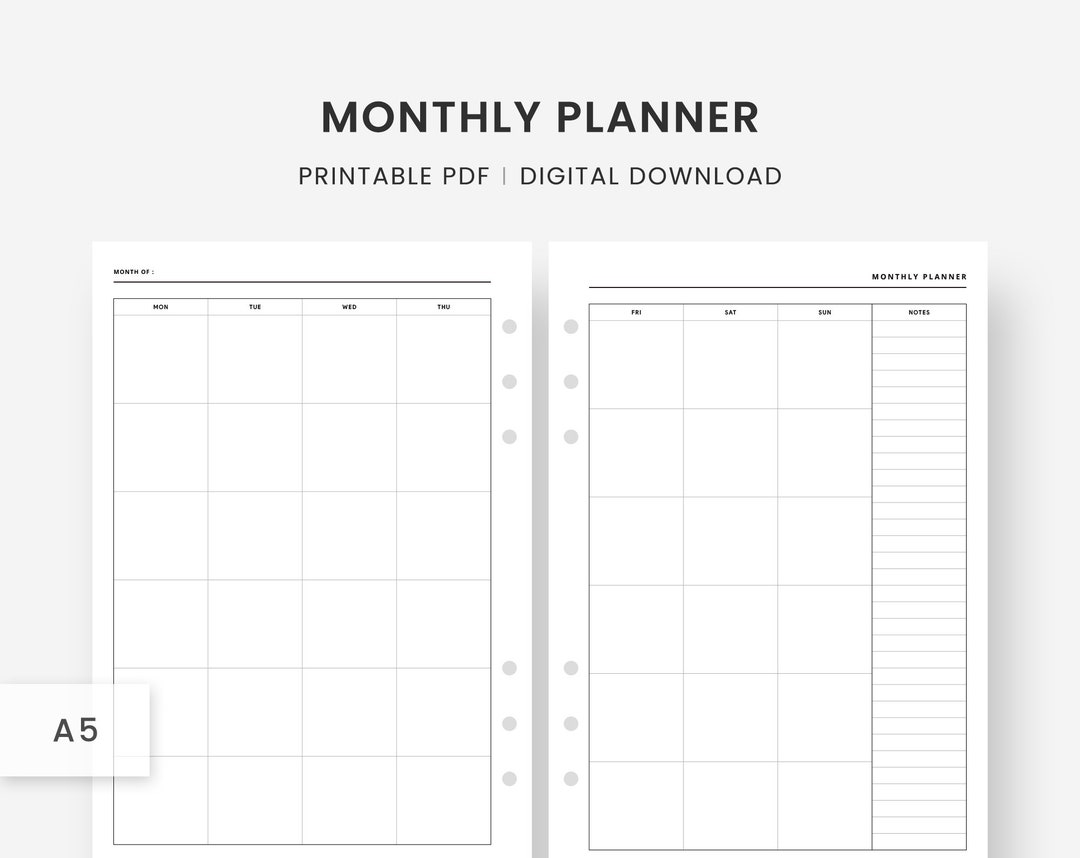 A5 Inserts : Monthly Planner, Printable Calendar, Calendar Pages ...