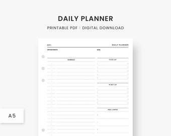 A5 Inserts : Daily Planner Printable, Time Schedule and To Do List and Meal & Water Plan Template, Work Productivity, PDF Instant Download