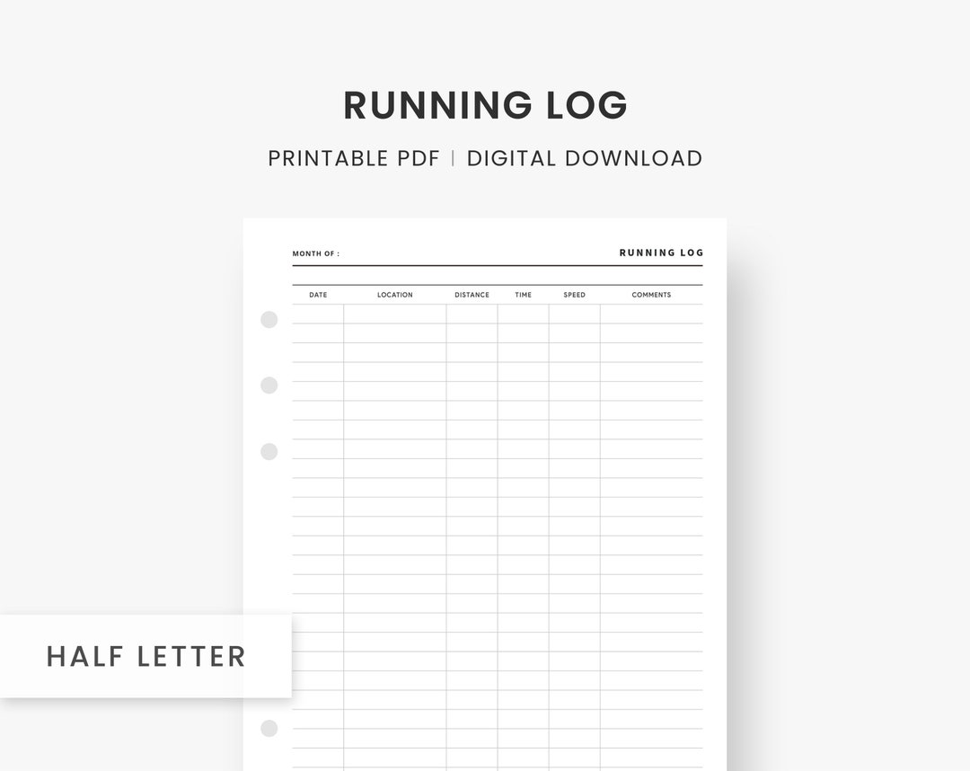 Running Log Printable, Exercise Log, Half Letter Inserts, Workout Log