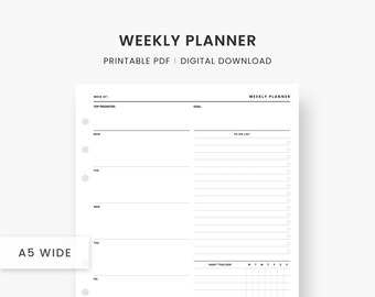 A5 Wide Inserts : Weekly Planner Printable, Weekly Organizer, Week Agenda, To Do List, Habit Tracker, Week Plan Template, Instant Download