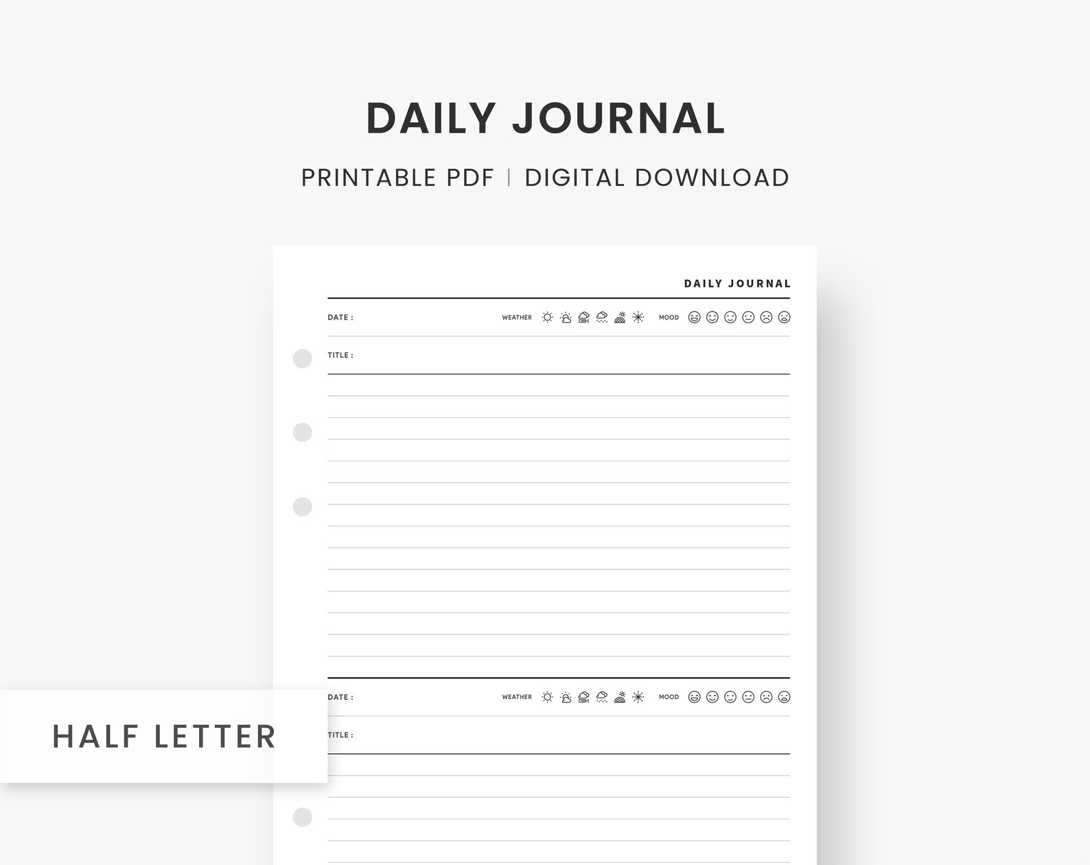 Daily Journal Printable, Daily Diary, Minimalist Journal, Writing