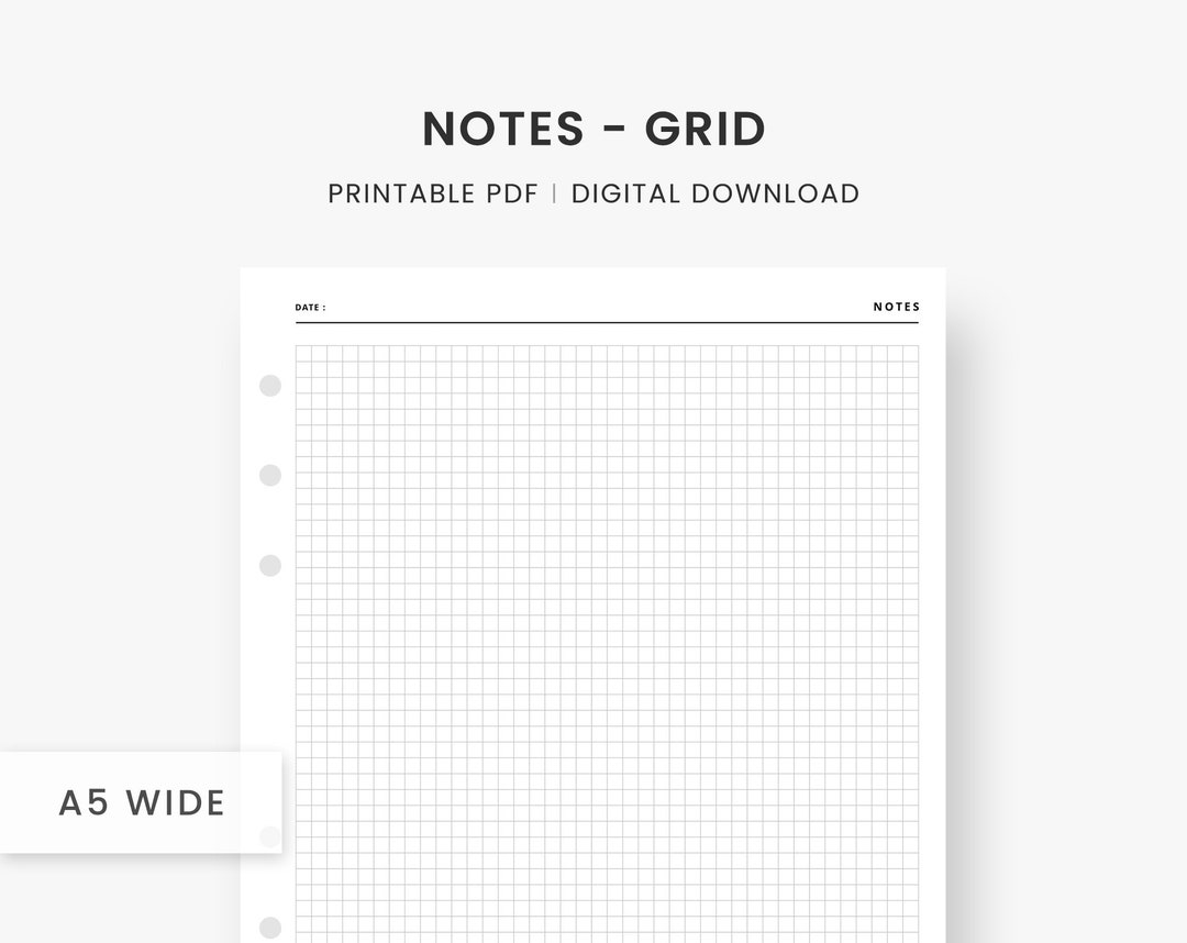 A5 Wide Inserts Notes Printable, Grid Notes, Blank Notes Template, Notes Pages, Minimalist
