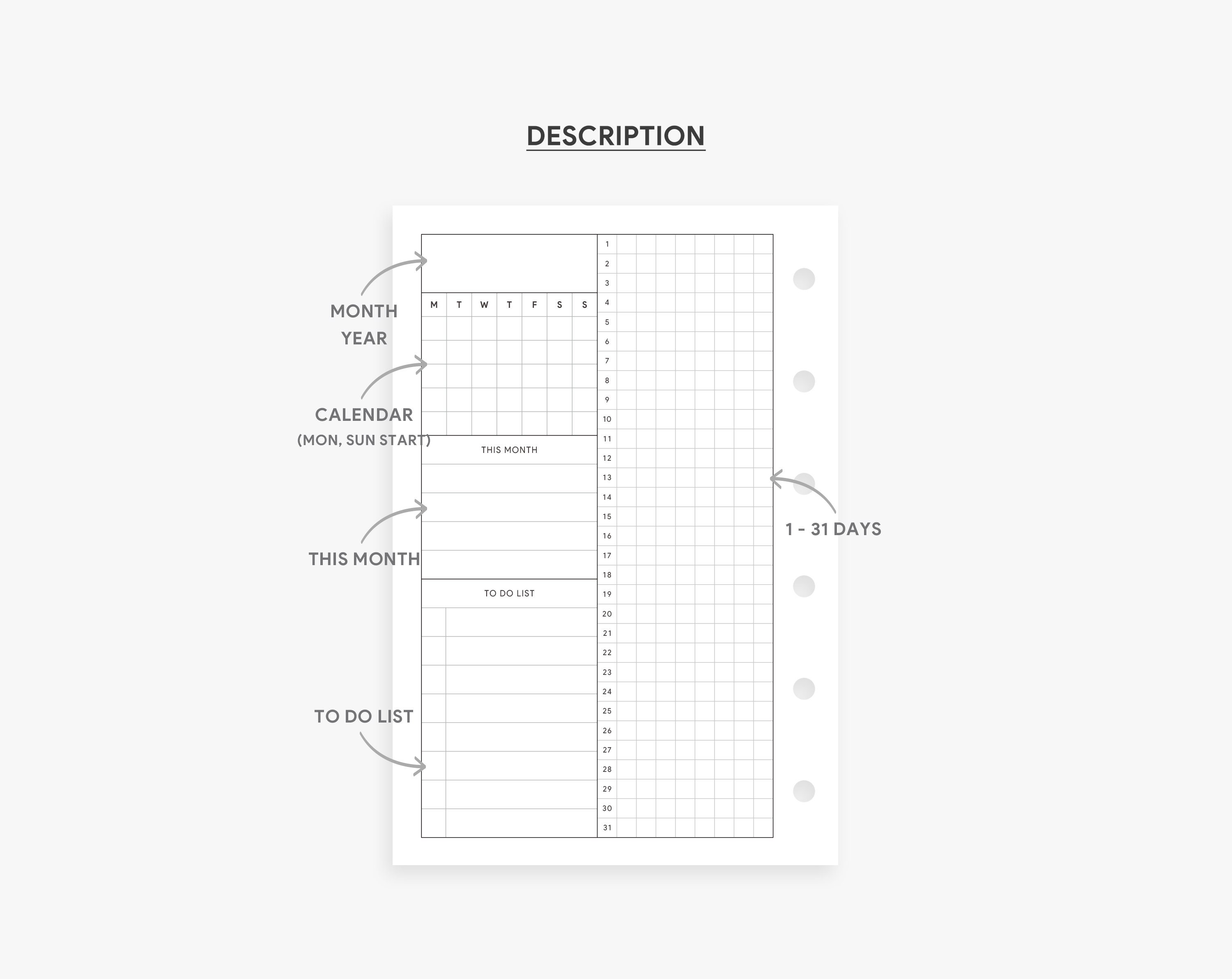 Pocket Inserts Monthly Overview, Monthly Planner Printable, Undated Monthly, Monthly to Do