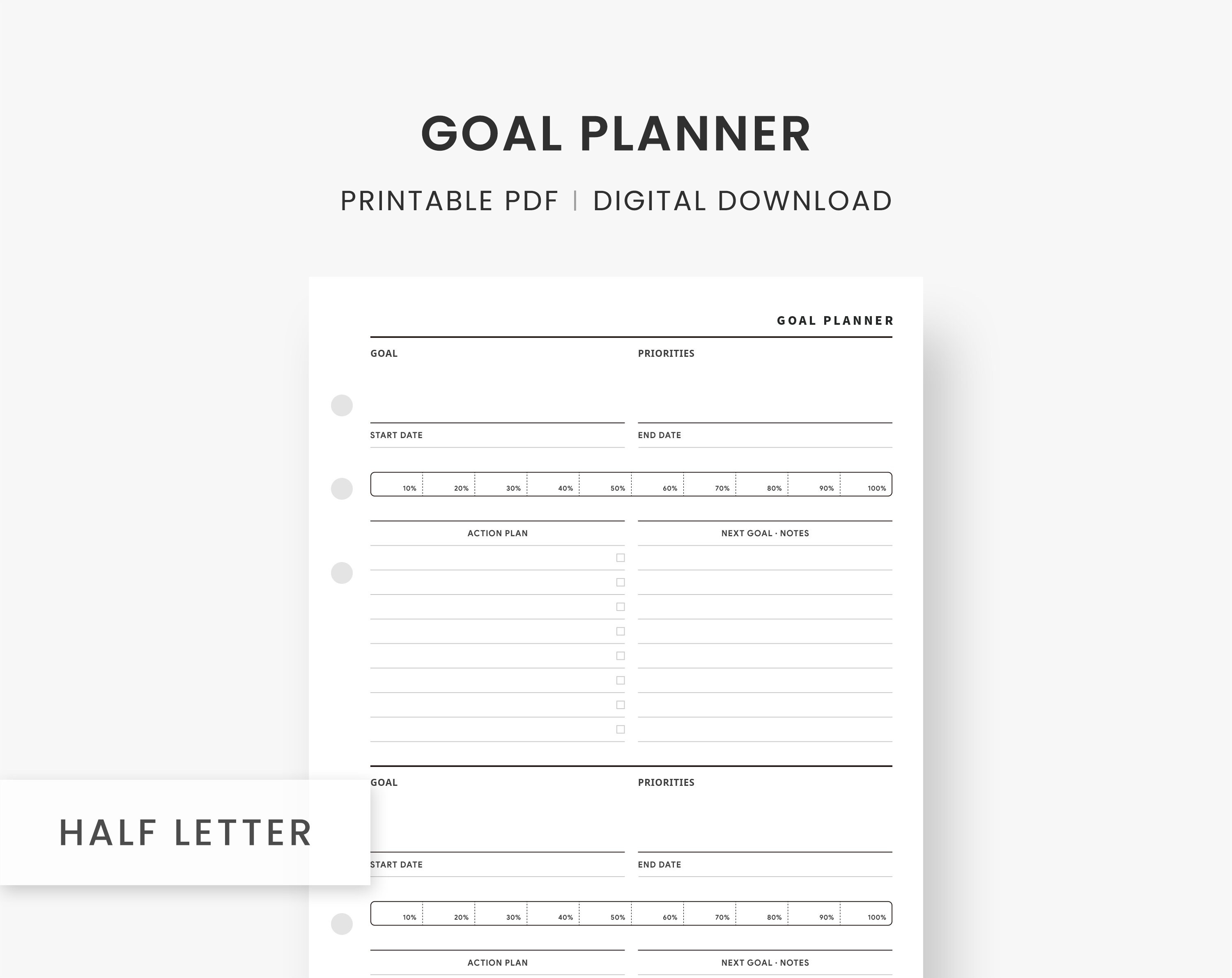 Goal Setting Planner Printable, Half Letter Inserts, Goal Tracker