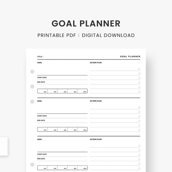 A5 Inserts : Goal Planner Printable, Productivity Goals and Action Plan, Goal Planning Setting & Progress Template Page, Digital Download