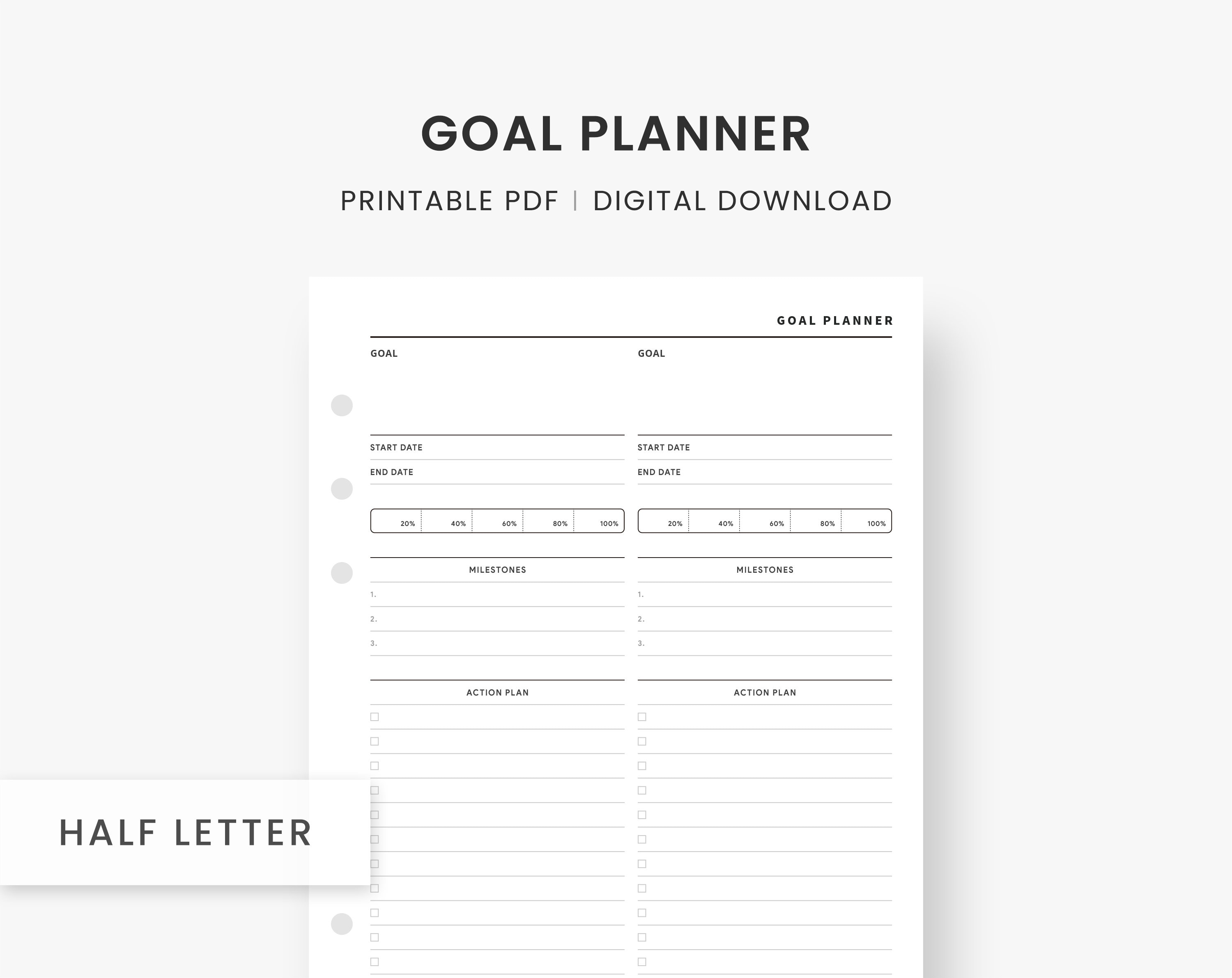 Goal Planner Printable, Goal Tracker, Half Letter Inserts, Goal Setting