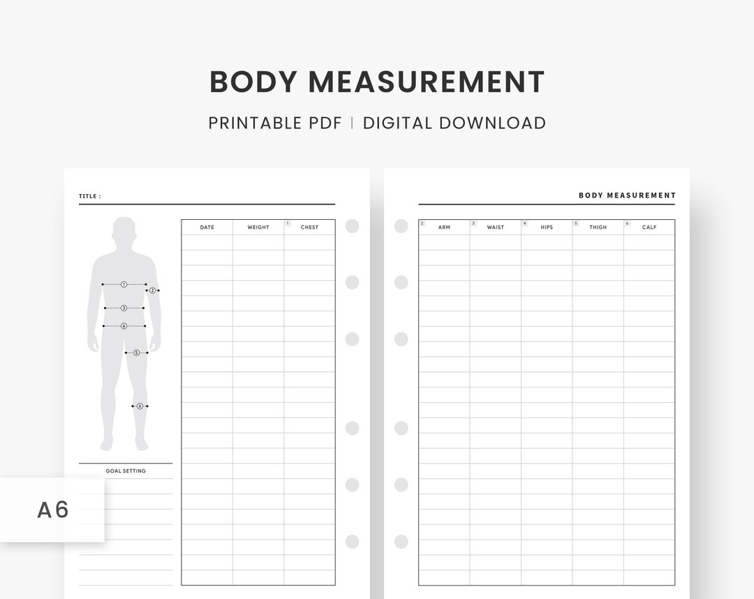 A6 Inserts Body Measurement Tracker, Fitness Planner, Body