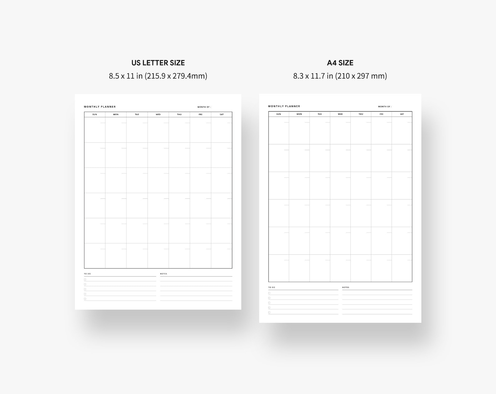 Monthly Printable Undated Minimal Planner, A4, US Letter Size Month on 1 Page Vertical Simple