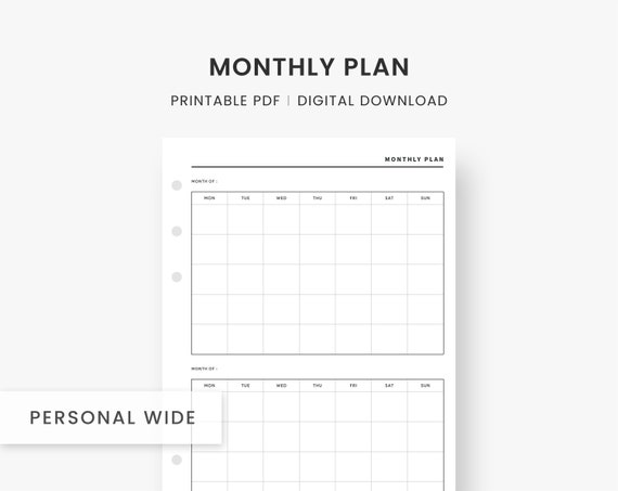 Monthly Planner Printable Undated Planner Personal Wide | Etsy