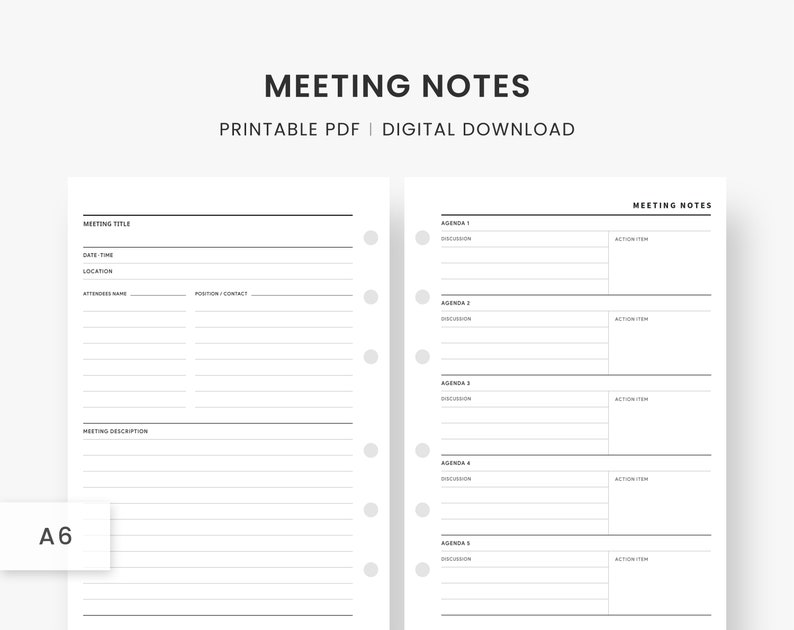 A6 Inserts : Procès-verbaux de réunion, Ordre du jour de la réunion, Notes de réunion, Notes de discussion, Modèle de réunion, Imprimable de réunion, Planificateur daffaires, PDF image 1