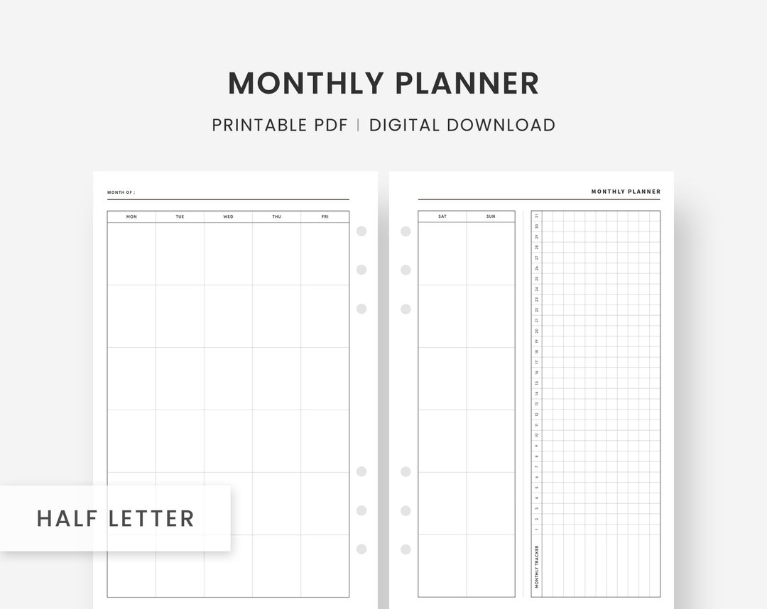Monthly Calendar Printable, Half Letter Inserts, Monthly Planner, Month ...