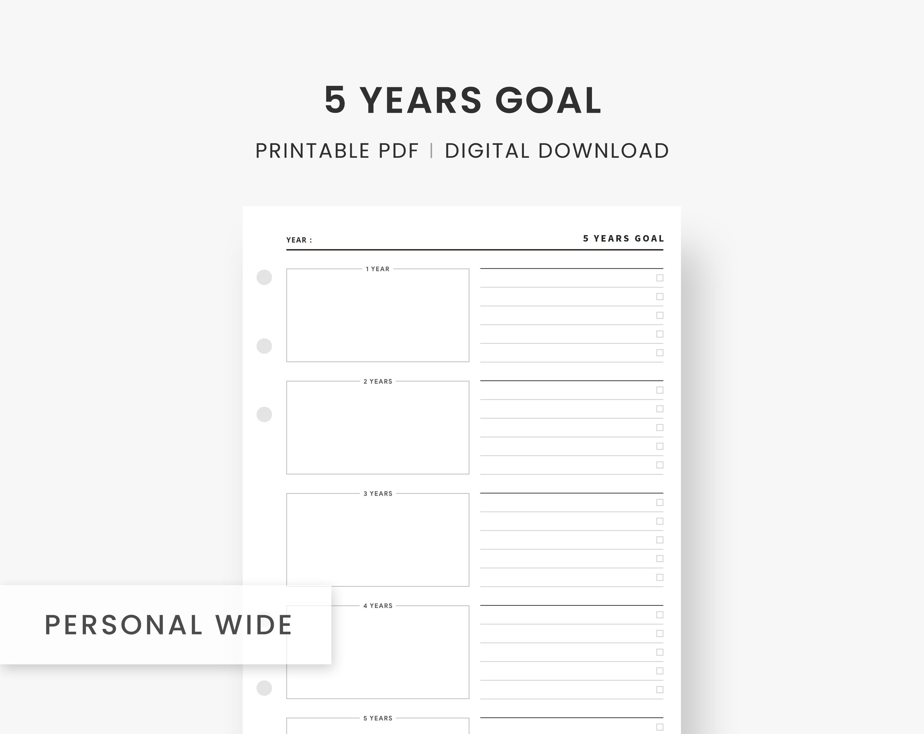 Goal Setting Planner Printable, Personal Wide Inserts, 5 Years Goal