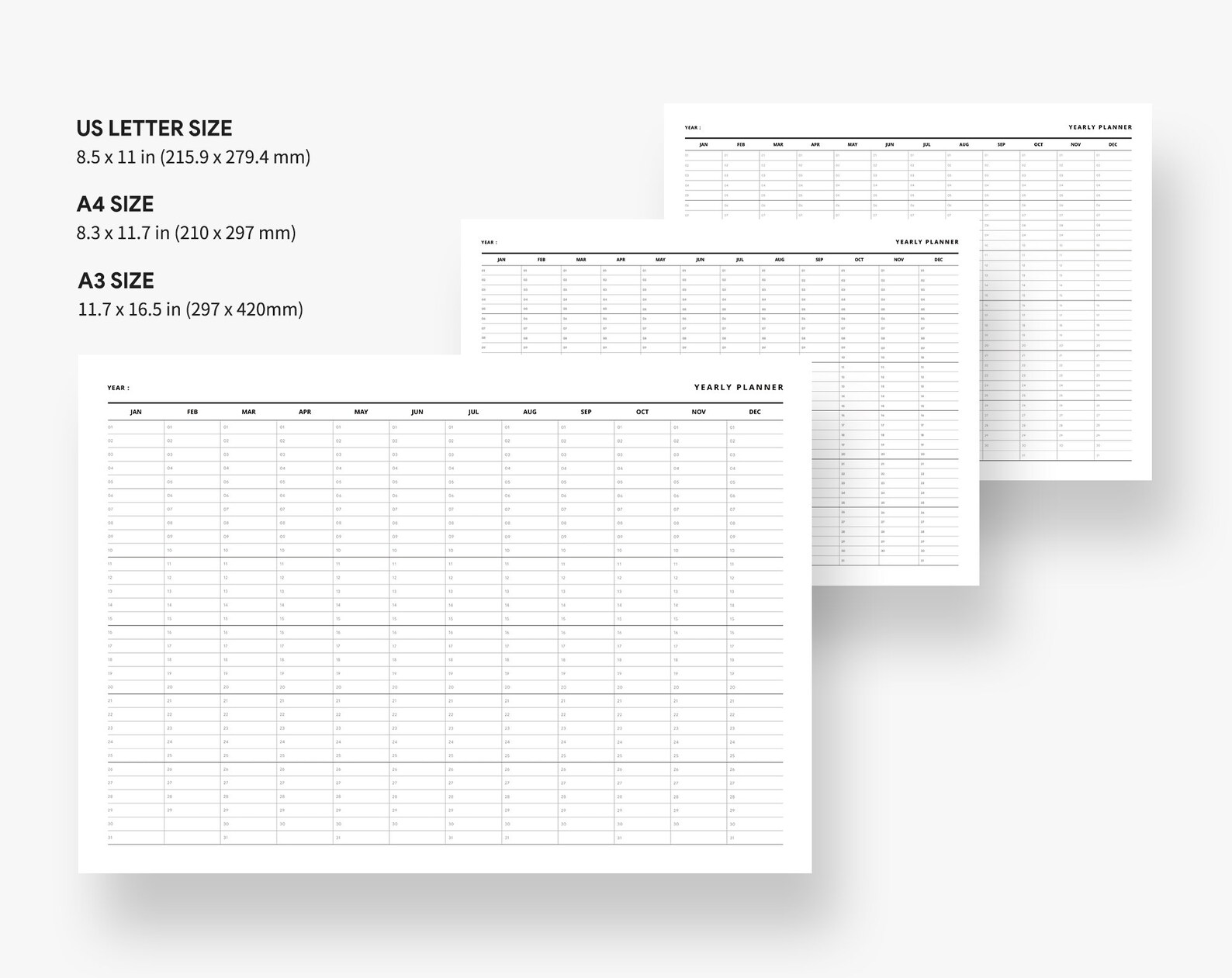Yearly Planner Printable, Year at a Glance, Desk and Wall Calendar, 12 ...