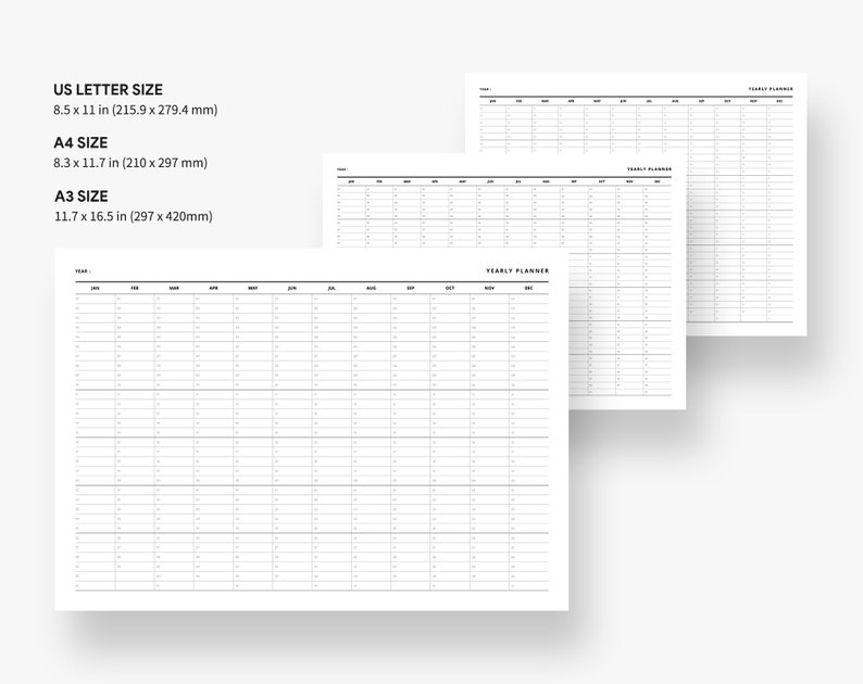 Yearly Planner Printable, Year at a Glance, Desk and Wall Calendar, 12 ...