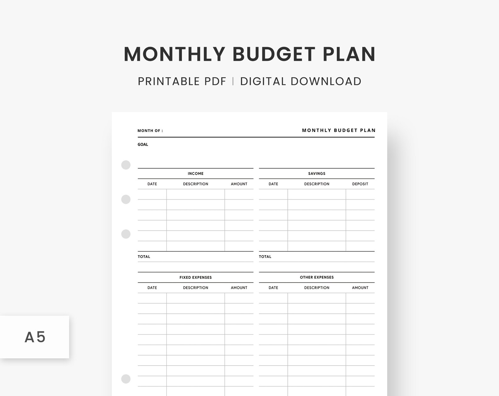 A5 Inserts Monthly Budget Planner Printable Financial Etsy