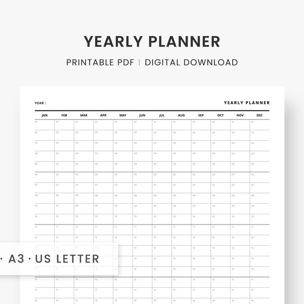 Year at a Glance Printable, Yearly Agenda & Overview Planner Insert, Wall and Desk Minimal Calendar, A4/A3/Letter Size PDF Instant Download