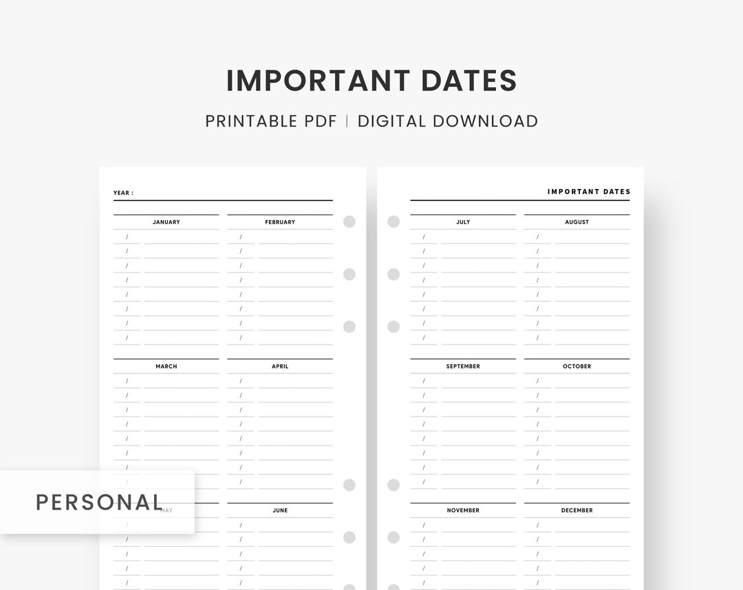 Personal Size Inserts Important Date Planner Printable Etsy