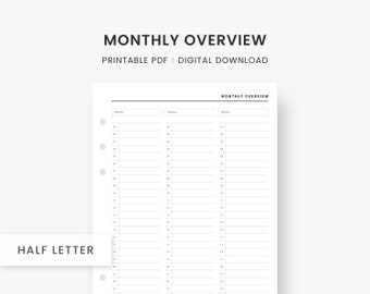 Monthly Overview, Month on One Page, Month at a Glance, Monthly Planner, Monthly Printable, 3 Month Planner, Half Letter Inserts, PDF