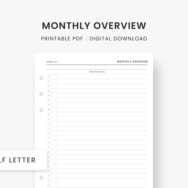Monthly Overview, Monthly Planner, Monthly Printable, Important Date, Month on One Page, Half Letter Inserts, Month at a Glance, PDF Planner