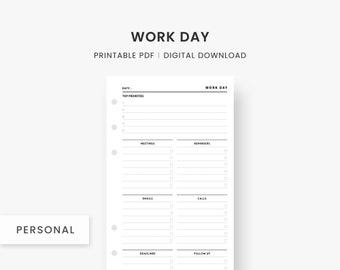 Inserts taille personnelle : Planificateur de jour de travail imprimable, modèle d’organisateur quotidien, plan de productivité, liste minimaliste à faire, téléchargement instantané PDF
