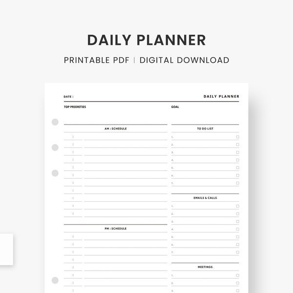 A5 Inserts : Daily Planner Printable, Minimalist Work Agenda Hourly Schedule & To Do List, Day on One Page Simple Layout, Instant Download