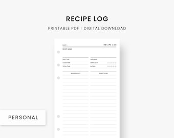 Personal Size Inserts : Recipe Printable, Recipe Log, Recipe Template, Recipe Page, Food Idea, Minimalist Planner, Instant Download