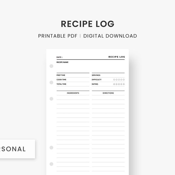Personal Size Inserts : Recipe Printable, Recipe Log, Recipe Template, Recipe Page, Food Idea, Minimalist Planner, Instant Download
