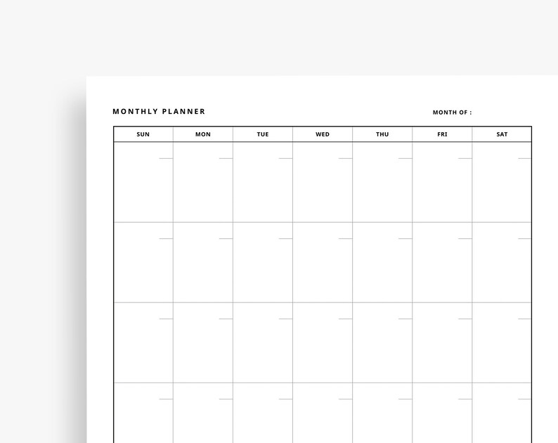 Monthly Printable Undated Minimal Planner, A4, US Letter Size Month on 1 Page Vertical Simple