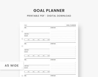 A5 Wide Inserts : Goal Planner Printable, Productivity Goals and Action Plan, Goal Planning Setting & Progress Template, Digital Download