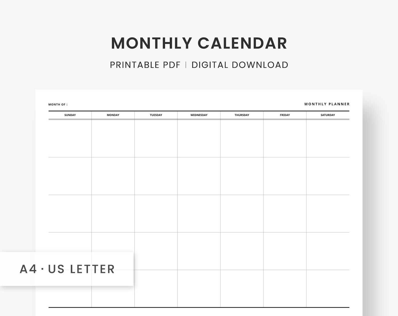 8.5x11 Minimalist Blank Calendar Printable, Simple and Modern One Page ...