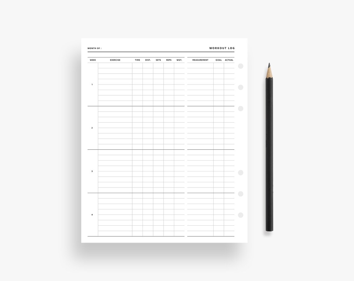 A5 Wide Inserts : Workout Log Printable, 4 Week Workout Tracker ...