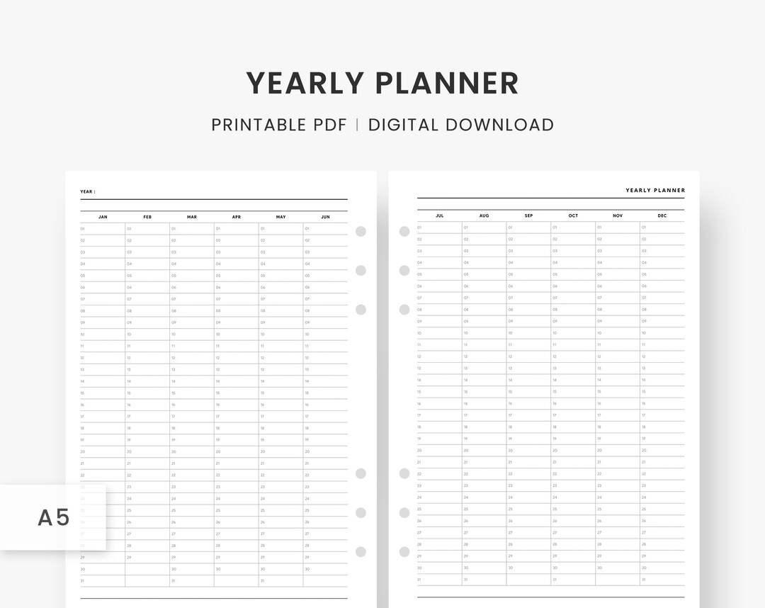 A5 Inserts : Year at a Glance Calendar, Yearly Planner Printable, Undated  Plan Template, 12 Month Overview, Minimal Layout, Instant Download - Etsy