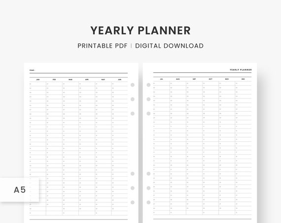 A5 Inserts : Year at a Glance Calendar Yearly Planner | Etsy