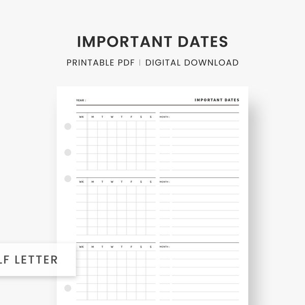 Suivi des dates importantes Imprimable, Dates clés, Encarts de demi-lettres, Événement, Anniversaire, Suivi d’anniversaire, Calendrier mensuel, Téléchargement instantané