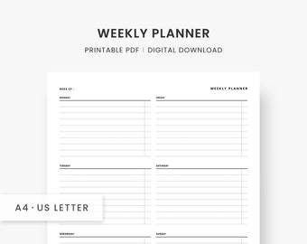 Vertical Undated Weekly Planner, Printable A4, Letter Size Weekly Schedule Instant Download Template Page, Minimalist Office Work Week Plan