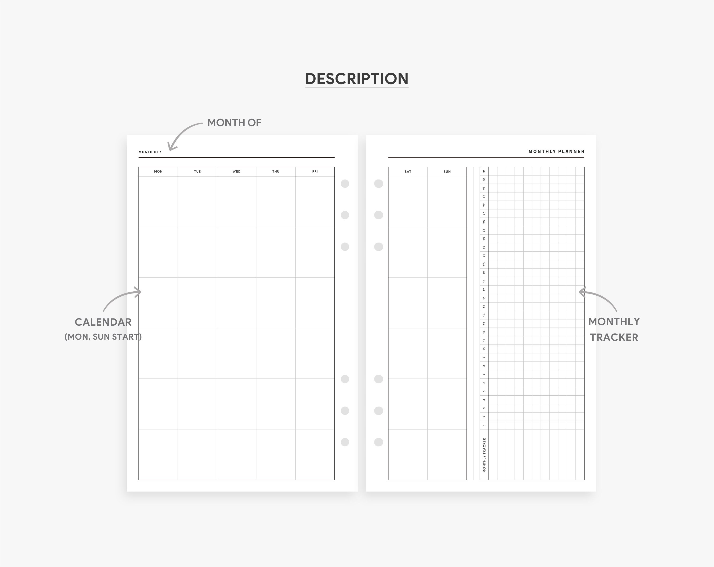 Monthly Calendar Printable, Half Letter Inserts, Monthly Planner, Month ...
