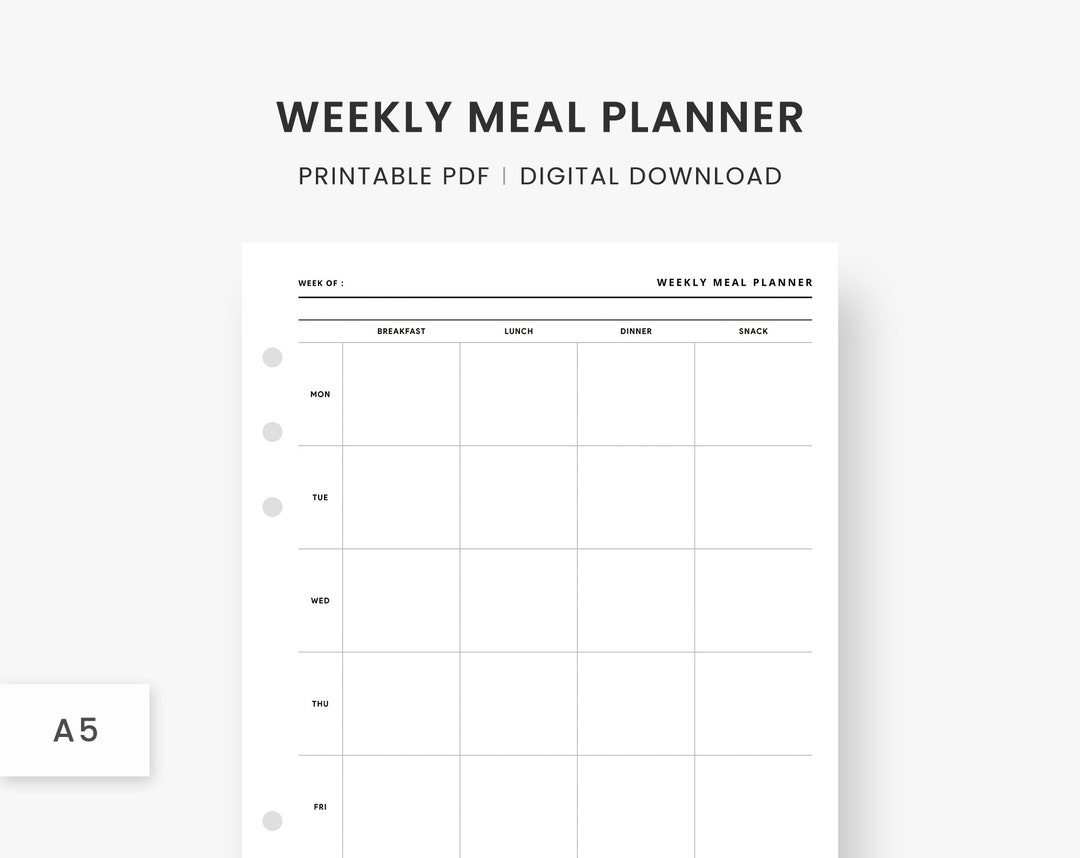 A5 Inserts Weekly Meal Planner Printable, Week Menu Plan & Food List