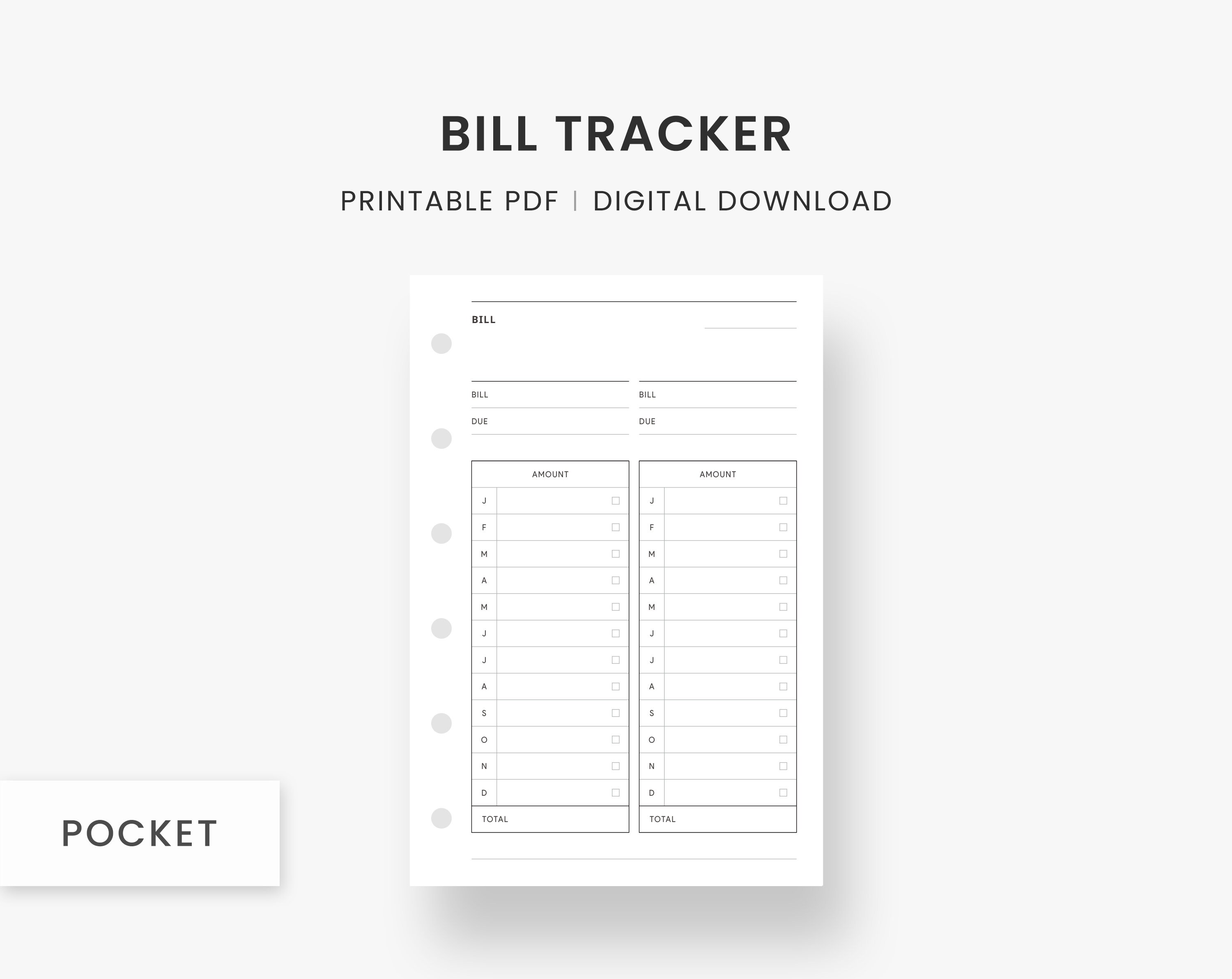 Pocket Inserts Bill Tracker Printable, Bill Organizer, Bill Payment