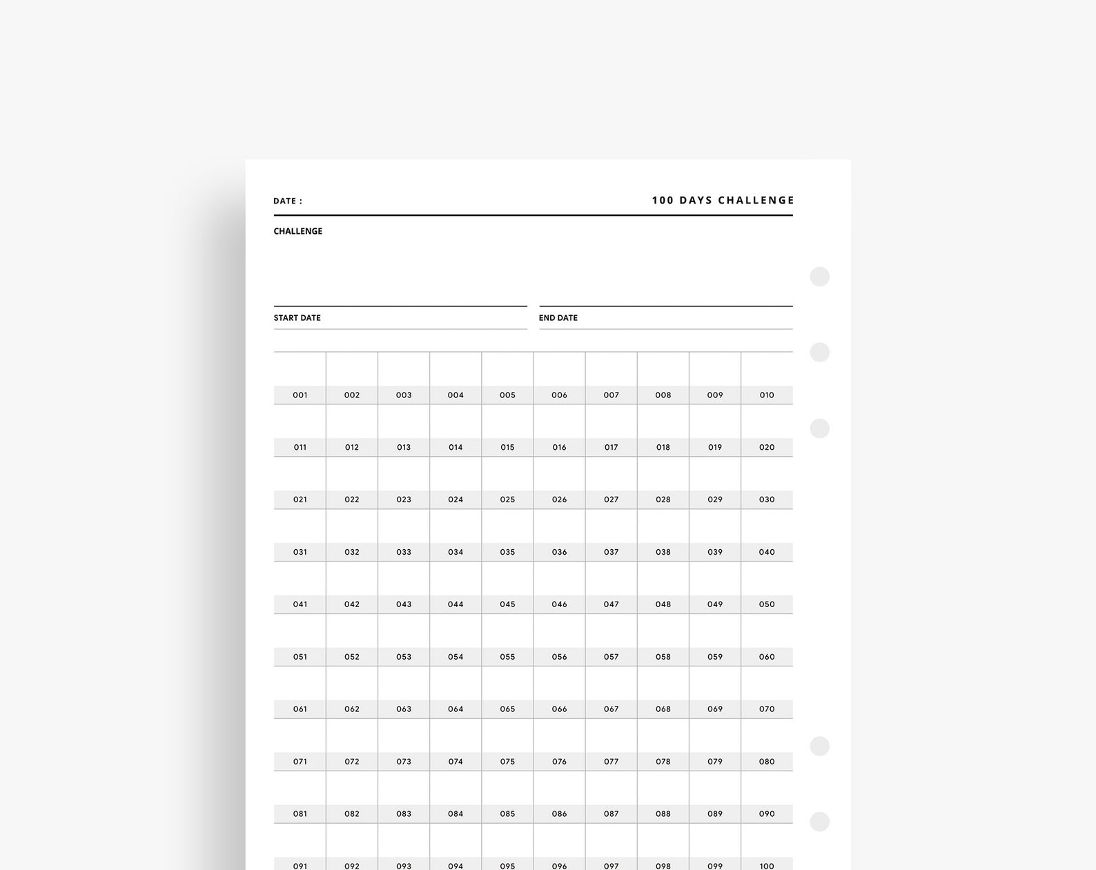 A5 Inserts 100 Days Challenge Printable 100 Day Habit Tracker Goal