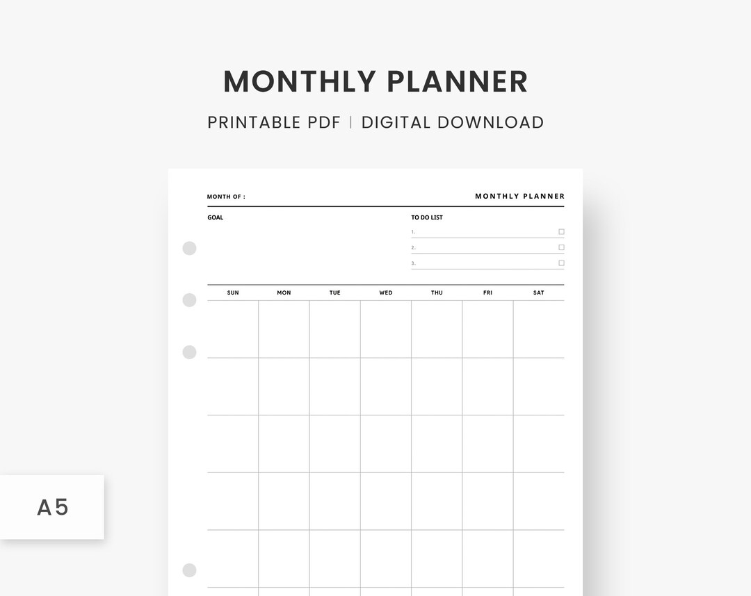 A5 Inserts : Monthly Planner Printable, One Page With Month Goal, Month ...