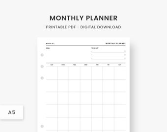 A5 Inserts : Monthly Planner Printable, One Page with Month Goal, Month Plan, Undated Simple Monthly Agenda Template, PDF Instant Download