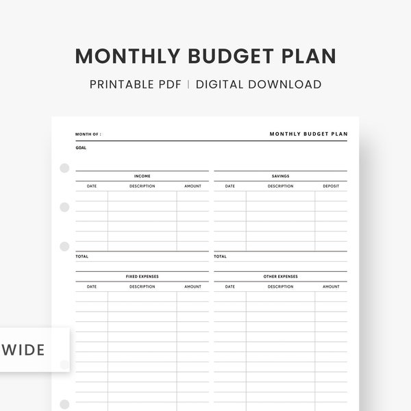A5 Wide Inserts : Monthly Budget Planner Printable, Financial Planner, Income & Savings, Expense, Finance Organizer, PDF Instant Download