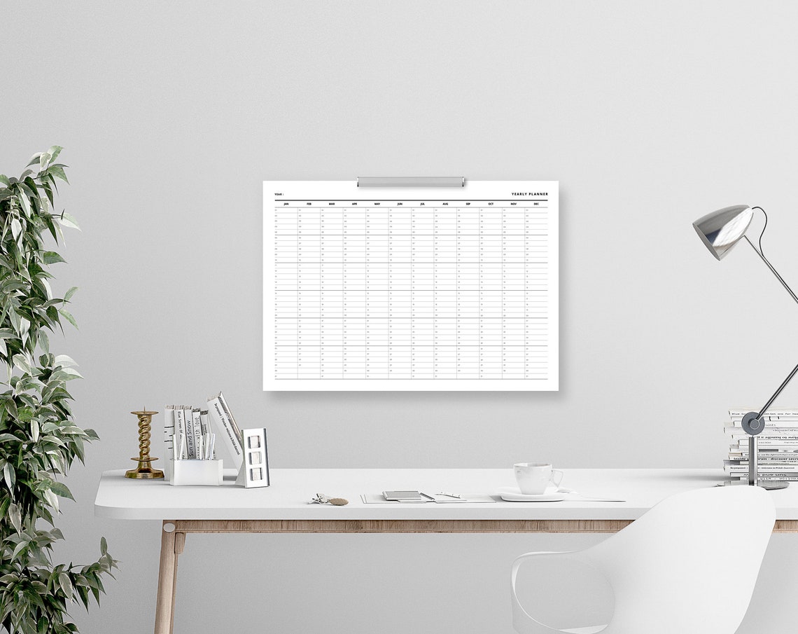 Yearly Planner Printable, Year at a Glance, Desk and Wall Calendar, 12 ...