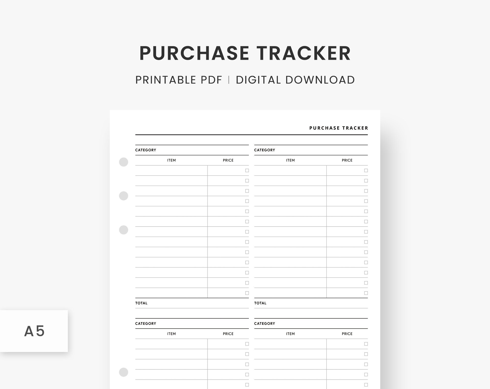 A5 Inserts : Purchase Tracker Planner Printable Order - Etsy