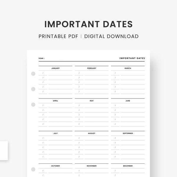 A5 Inserts : Important Dates Planner Printable, Yearly Birthday, Yearly Anniversary List Tracker, At a Glance Page, PDF Instant Download